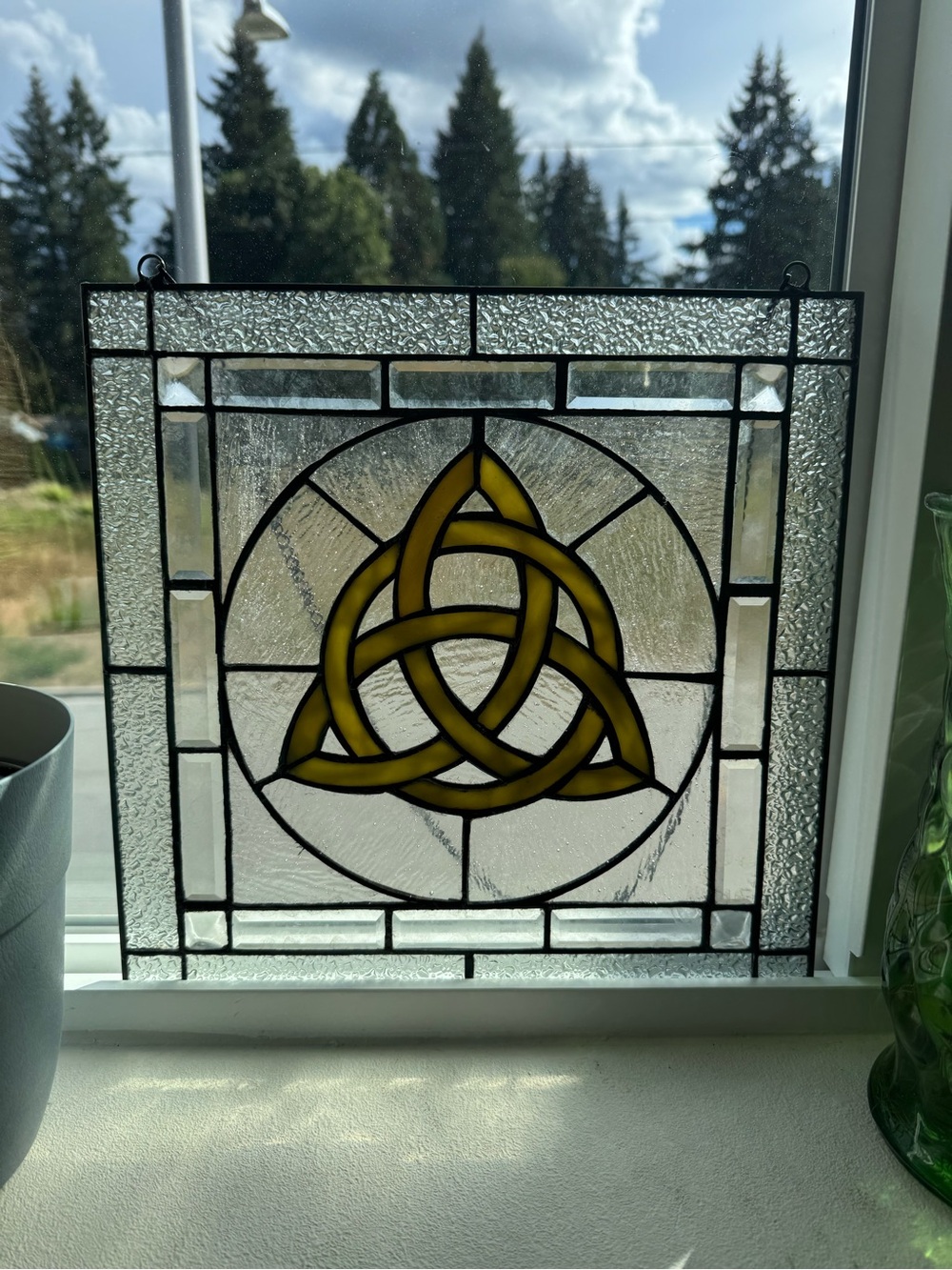 Stained Glass Celtic Knot Panel - green and black with hanger